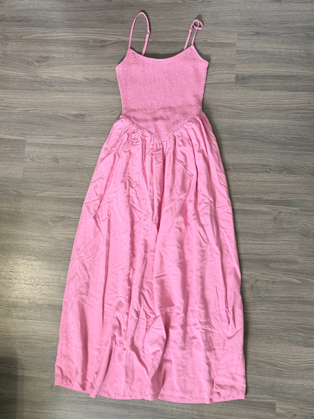 Dynamite Pink Smocked Bodice Flowy Skirt Maxi Dress Cinched Waist Summer Dress